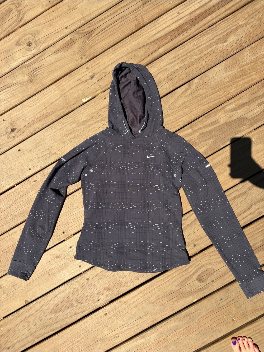 Nike Black Hooded Long Sleeve Running Top with Subtle White Dots